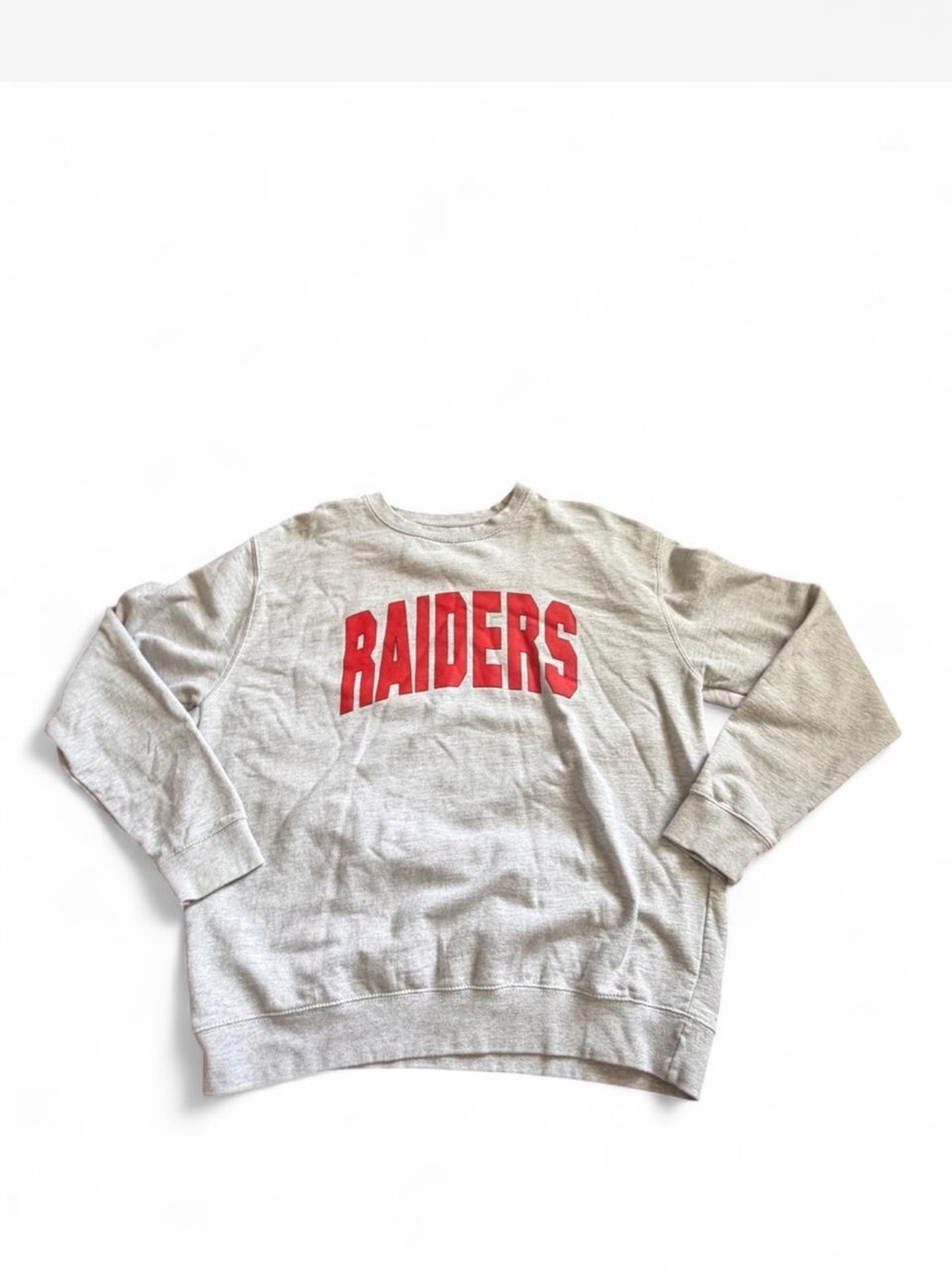 Light Gray Crewneck Sweatshirt with Red RAIDERS Graphic